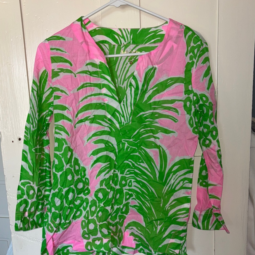 Lilly Pulitzer Pink and Green Leaf Print Blouse